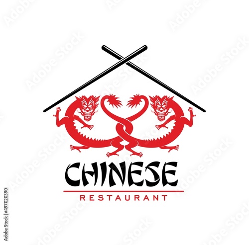 Chinese cuisine restaurant icon with dragons and sticks, vector symbol. China or Asian food bar or cafe and Chinese gourmet restaurant menu icon with red dragons and noodle chopsticks