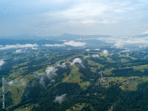 High flight in the mountains of the Ukrainian Carpathians. Aerial drone view.