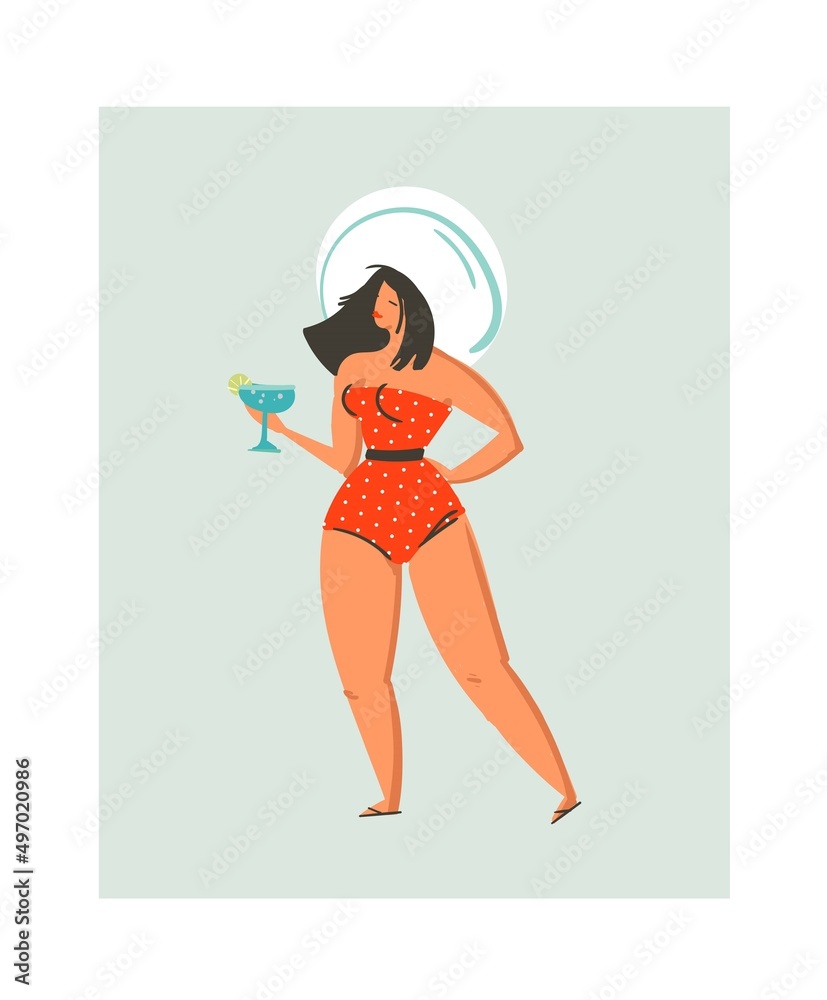 Hand drawn vector abstract cute summer time fun beach young glamour girl illustration with cocktail isolated on blue background Hand drawn vector abstract cute summer time fun beach young glamour girl illustration with cocktail isolated on blue background
