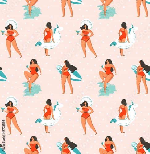 Hand drawn vector abstract fun summer time illustration seamless pattern with group girls,surfboards and unicorn floats circles on pastel polka dots textured background