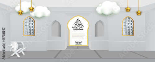 banner with crescent moon hidden behind mosque and Arabic calligraphy Eid Mubarak aside meaning happy eid holiday 3d illustration