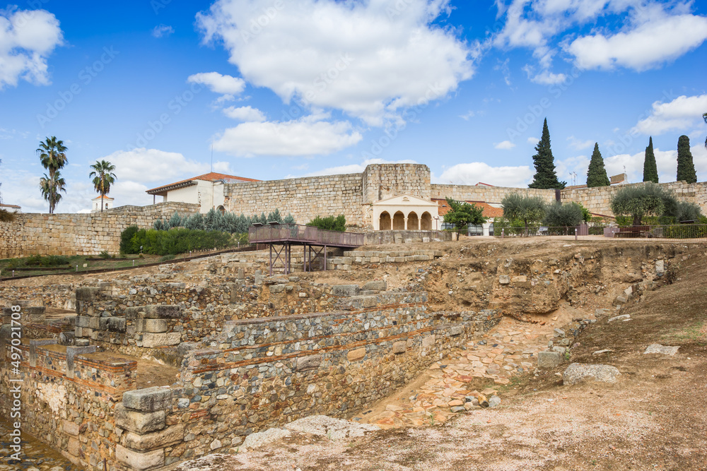 Remains of the Alcazaba fortification area in Merida, Spain