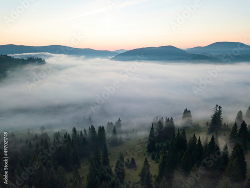 Morning fog in the Ukrainian Carpathians. Aerial drone view.