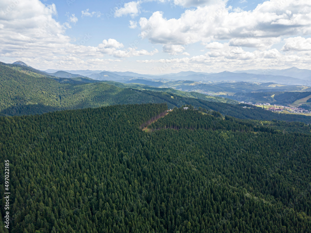 Obraz premium High mountains of the Ukrainian Carpathians in sunny weather. Aerial drone view.