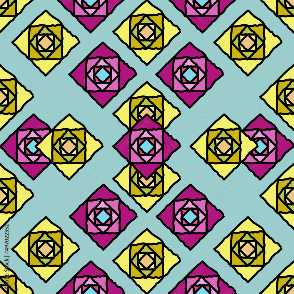 Hand drawn geometric shapes. Pink, yellow roses on a blue background. Fabric pattern concept, wallpaper, wrap.