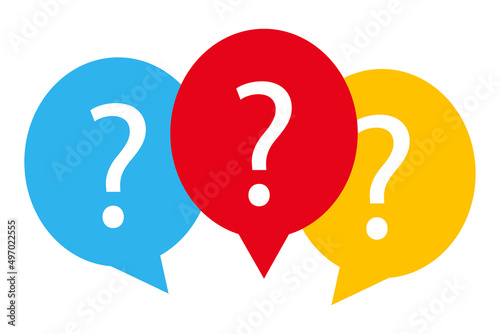 Message box question mark icon. Blue, red and yellow talk bublles symbol. Sign think chat vector. photo