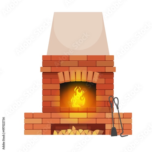 Brickstone fireplace with wood chunks and fire pit tools. Home classic fireplace, dwelling isolated vector open hearth, house heating equipment with flaming fire, poker stick and shovel