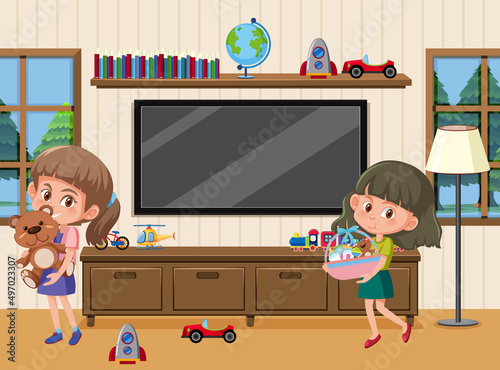 Living room scene with children cartoon character