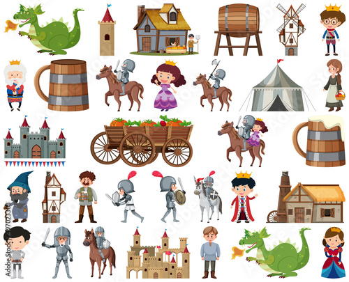 Medieval characters buildings set