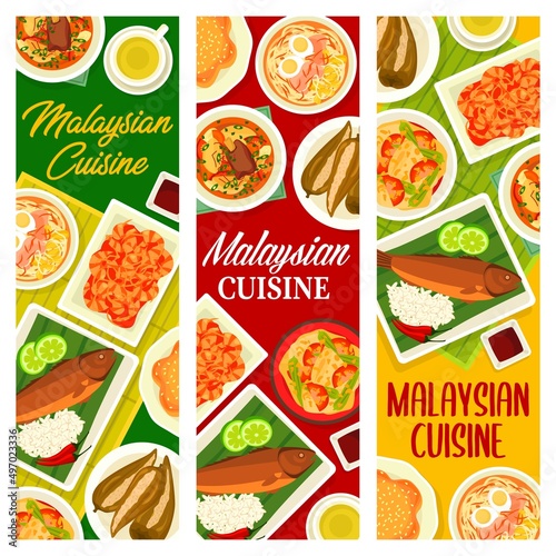 Malaysian cuisine meals and dishes banners. Bak Kut Teh and Soto Ayam soups, stuffed green chilli peppers, vanilla pie and fish curry with vegetables, chilli shrimps, grilled fish with coconut crust