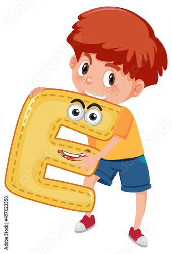 A boy holding alphabet letter on white background