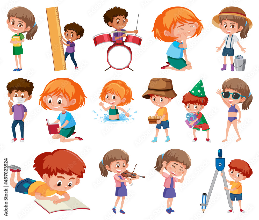 Set of children doing different activities on white background Set of children doing different activities on white background