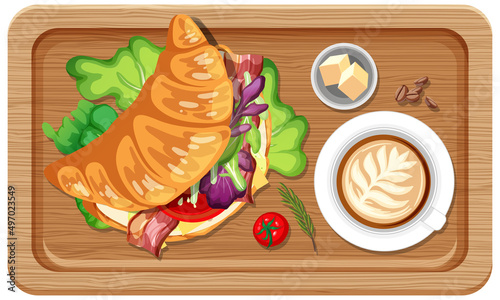 Top view of breakfast on a wooden tray