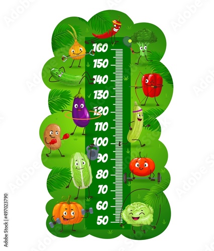 Cartoon vegetable kids height chart, growth meter ruler. Vector scale with cute onion, cabbage, pepper and tomato, potato and eggplant, pumpkin and zucchini characters on fitness sport exercising