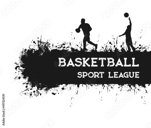 Basketball sport grunge poster with players, balls, basket and hoop vector silhouettes. Basketball game team players and sport equipment on court with black pattern of brush strokes, paint splashes
