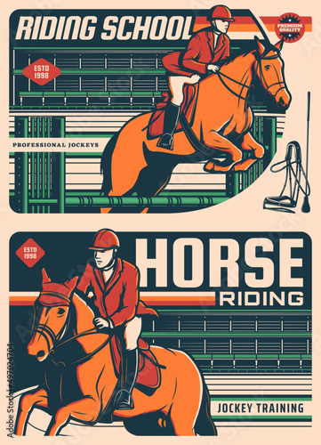 Horse riding, jockey polo school and equine sport training vector retro vintage poster. Horse racing or equestrian rides on hippodrome, jockey polo club, horse races center and steeplechase tournament