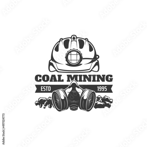 Mining industry icon. Fossil fuel production, coal mining vector monochrome emblem or symbol with miner hard hat helmet with headlamp, gas mask or respirator, coal chunks