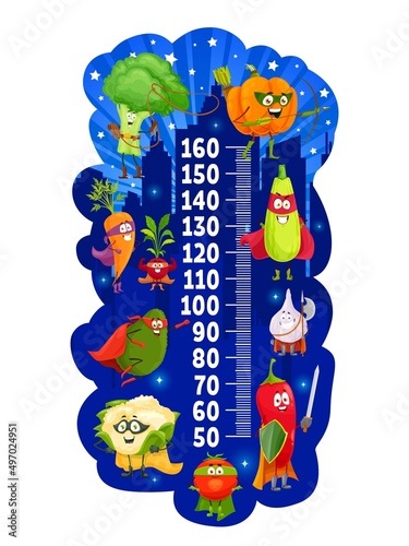 Kids height chart, cartoon vegetable superheroes growth vector meter. Children growth measure ruler on background of night city with brave tomato, pepper, broccoli and radish, capes and masks