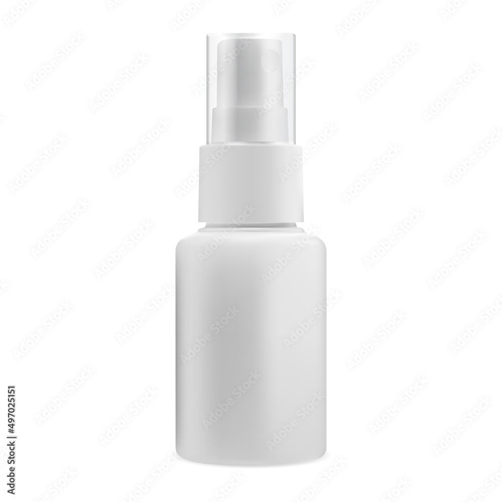 Spray bottle. Mist spray cosmetic container mockup. Face cosmetic pump cap packaging. Hair