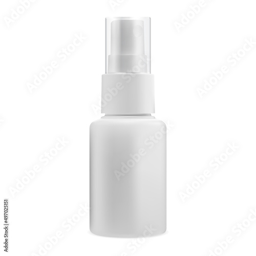 Spray bottle. Mist spray cosmetic container mockup. Face cosmetic pump cap packaging. Hair aerosol product pack template. Anticeptic pump dispenser package illustration. Moisturiser lotion