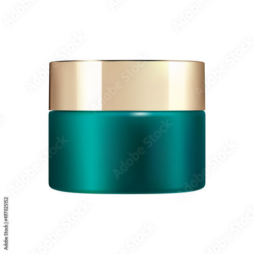Cream jar mockup. Body cream cosmetic container vector mockup. Green plastic jar with gold cap for skin butter or scrub, beauty care cosmetics design. Realistic face powder glossy packaging