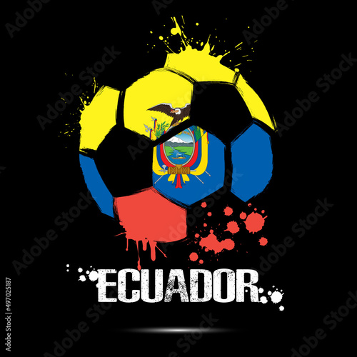Abstract soccer ball with Ecuador national flag colors. Flag of Ecuador in the form of a soccer ball made on an isolated background. Football championship banner. Vector illustration