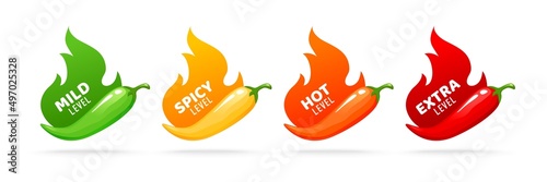 Hot spicy level vector labels of spice food and sauce taste scale. Red chili pepper, cayenne, jalapeno, habanero with fire flames and mild green, spicy yellow, hot orange, extra red rating indicators photo