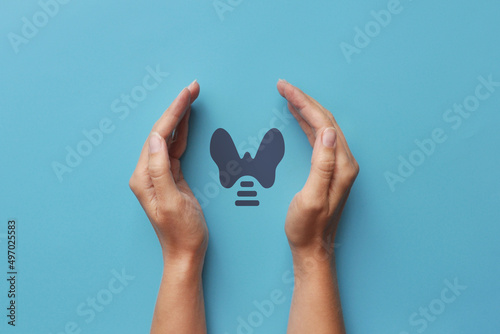 Drawing of the thyroid gland in the hands of a person. A symbol of protection and prevention from thyroid diseases