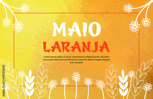 Maio Laranja vector template with orange and yellow watercolor background and white line art flowers and leaves