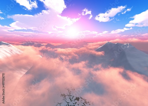 Sunrise above the clouds, flying among the clouds, cloud landscape panorama at sunset, 3d rendering © ustas