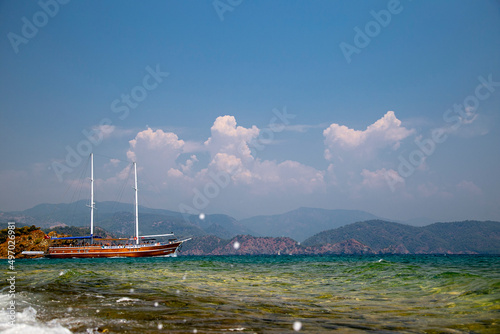Panoramic view of bay and city of Gocek - Fethiye, Turkey with marina and yachts.
