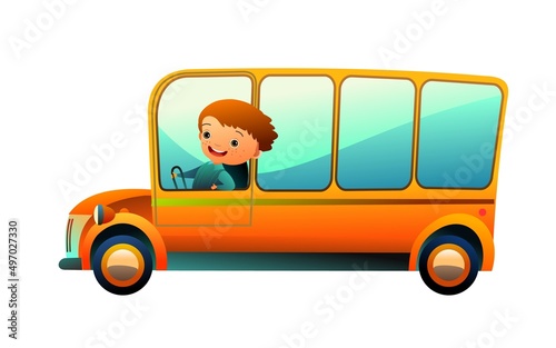 Yellow school bus. Passenger transport. Cartoon style illustration. Cute childish. Isolated on white background. Vector