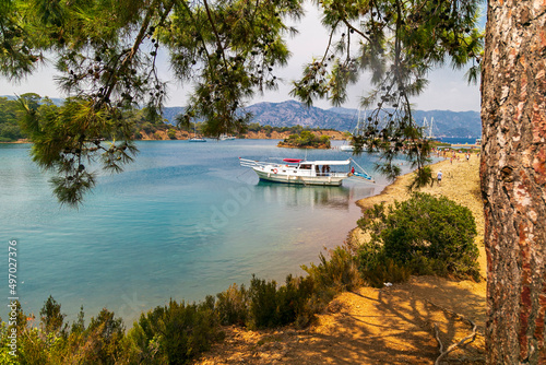 Panoramic view of bay and city of Gocek - Fethiye, Turkey with marina and yachts. © Birol
