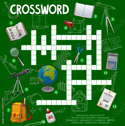 School stationery and items, crossword puzzle game grid, quiz worksheet. Vector scissors, notebook, textbook and globe, compass, sharpener or backpack. Magnifier, microscope and calculator, diploma