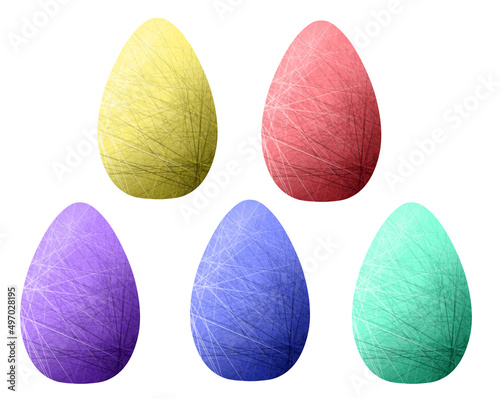 Gorgeous set of five colorful Easter eggs with bright highlights isolated on white background. Nice design collection