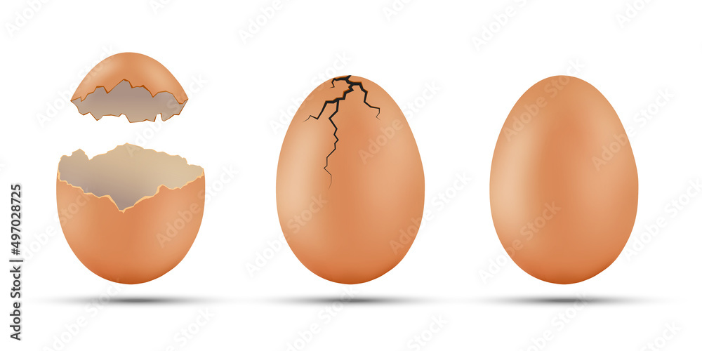 Set of brown chicken eggs. Broken egg with cracks Set of brown chicken eggs. Broken egg with cracks