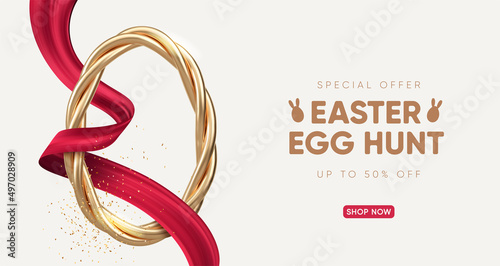 Easter Holiday background with golden egg and elegant ribbon. Vector illustration. 