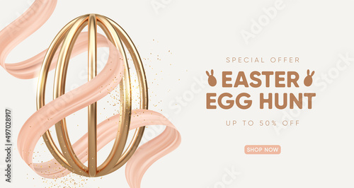 Easter Holiday background with golden egg and elegant ribbon. Vector illustration. 