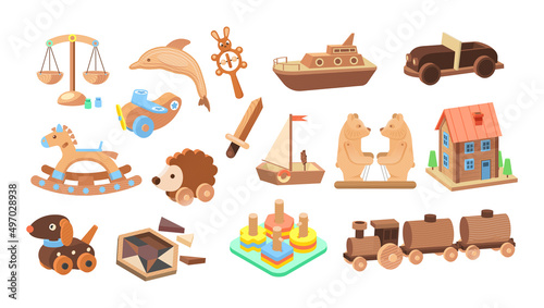 Vintage wooden toys set. Toys for children made of wood bears, plane, sword, hedgehog educational, puzzle, dog
