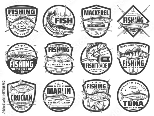 Fishing sport icons, fisher club and fishes emblems, vector salmon and tuna big catch Fototapet