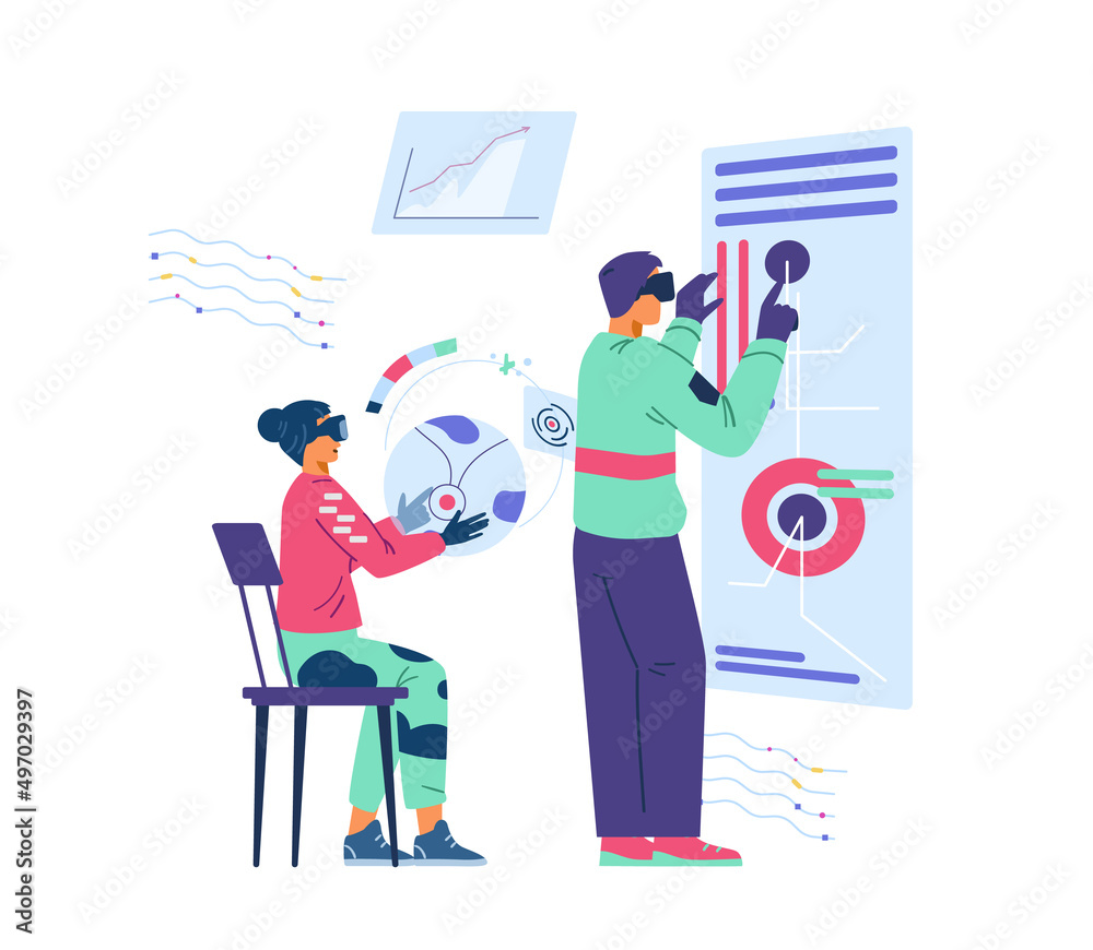 Man and woman in VR headsets and gloves working together in cyberspace flat vector illustration. 