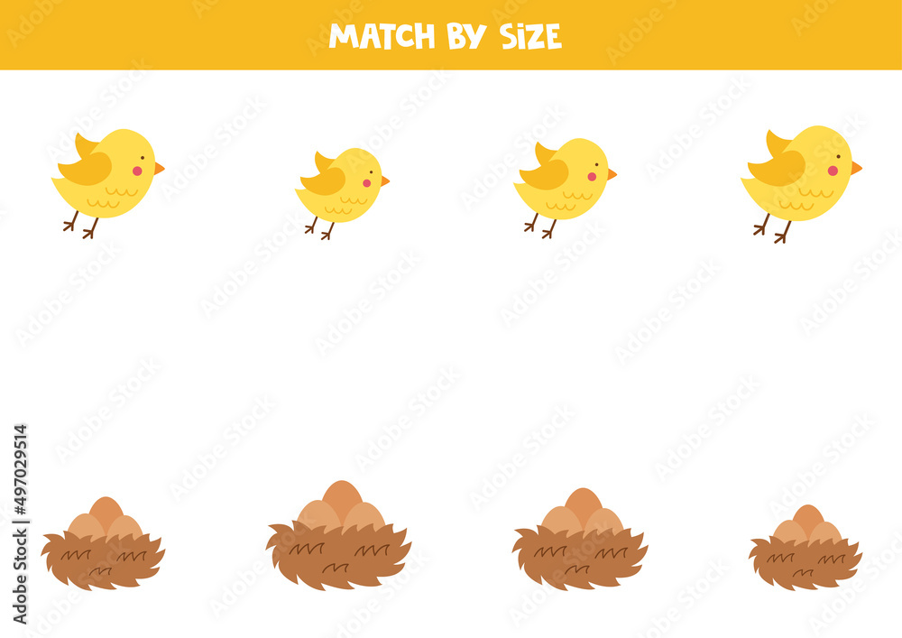 Matching game for preschool kids. Match birds and nests by size. Matching game for preschool kids. Match birds and nests by size.
