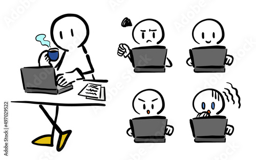 とてもシンプルな人物がノートパソコンを使用しているイラストセット