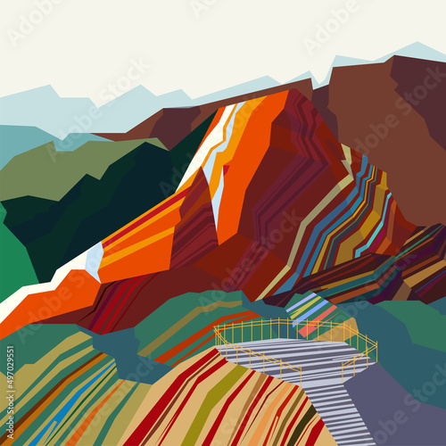Compositions mountains different formy and landscape. Vector illustration of mountains for logo with harp tops, gorges and steep slopes in cartoon style.