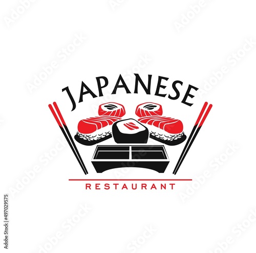 Japanese cuisine restaurant icon, sushi, rolls, soy sauce and sticks. Vector Red and black emblem for asian cafe with traditional meal of Japan seafood with rice, salmon fish and bamboo chopsticks