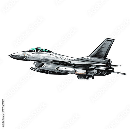 F16 airplane flying at battlefield drawing style 