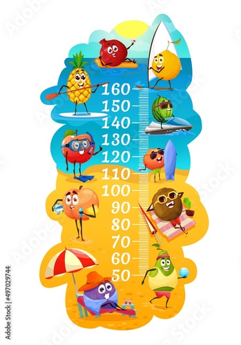 Kids height chart with funny fruits on summer beach leisure. Children height measure, vector growth meter wall poster with cartoon pomegranate, orange and pineapple, pear, kiwi and plum on resort