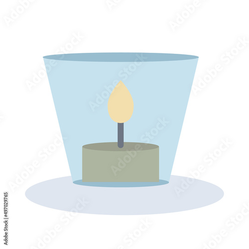 Burning wax or paraffin aroma candle in glass candlestick for aromatherapy. Hygge home decoration, festive decorative design element. Flat vector