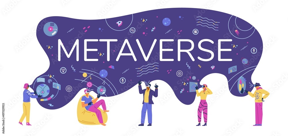 Metaverse flat vector horizontal banner. Different people in VR headsets in same cyberspace filled with abstract objects, holograms and cryptocurrency icons.
