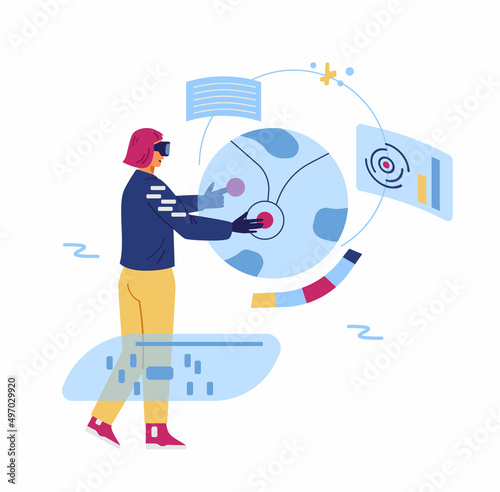 Woman in VR headset and gloves working or studying in cyber space flat vector illustration. Technologies for business and study concept.